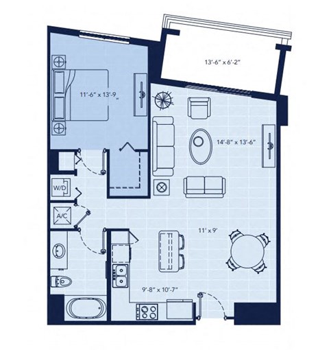Floor plan for 1 bed, 1 bath, 865 sqft